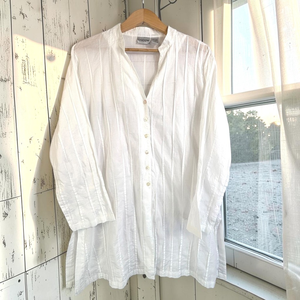 Chico's 100% Cotton Voile Tunic XL/3 White Pintuck Pleated Longline Lagenlook